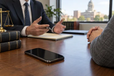 A smartphone with a blank screen rests on a desk during a confidential criminal defense consultation in Stillwater, Oklahoma.