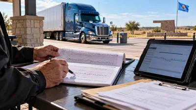 An investigator reviews truck driver logbook records beside a parked semi truck in Oklahoma.