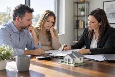 A divorcing couple reviews home and mortgage expenses with a family law attorney in a bright office.