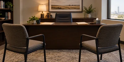 Two empty chairs in a legal office for opposing domestic violence accounts.