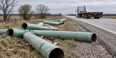 Unsecured pipes lie beside a stopped flatbed truck on an Oklahoma road.