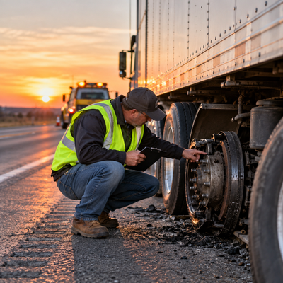 A roadside mechanic inspects the brake assembly of a disabled commercial truck at sunset.