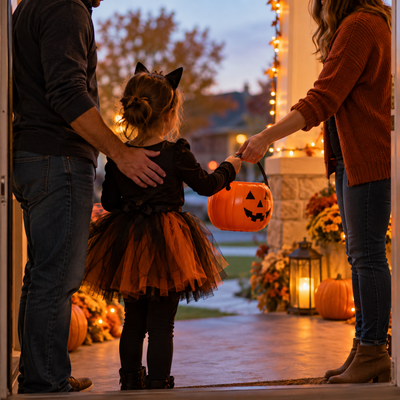 Parents exchanging a child’s Halloween pumpkin bucket at a front porch