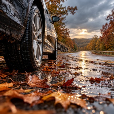 Wet autumn leaves cover an Oklahoma roadway near two stopped cars.