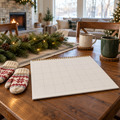 Blank holiday calendar, two winter mittens, and mugs on a family dining table